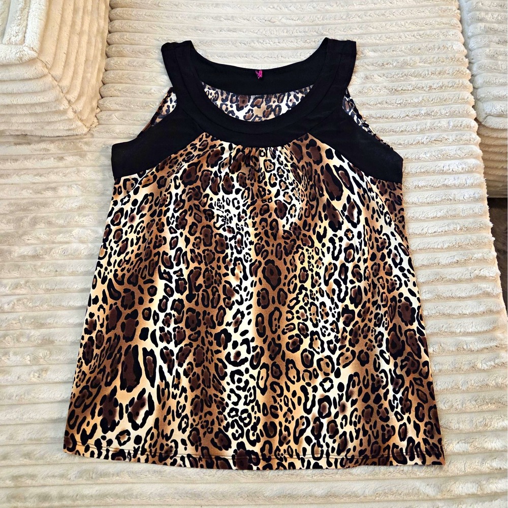 Agenda Womens L Leopard Print Scoop Neck Sleeveless Wide Strap Tank Top